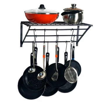 

64 x 32.5 x 5.5cm（L x W x H ) Kitchen Wall Pot Pan Rack With 10 Hooks (Black)