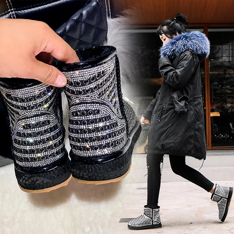 LORFRCIN Ladies Boots Top Quality Snow Boots Fashion Crystal Rhinestone Shoes Woman Winter New Women's Boots