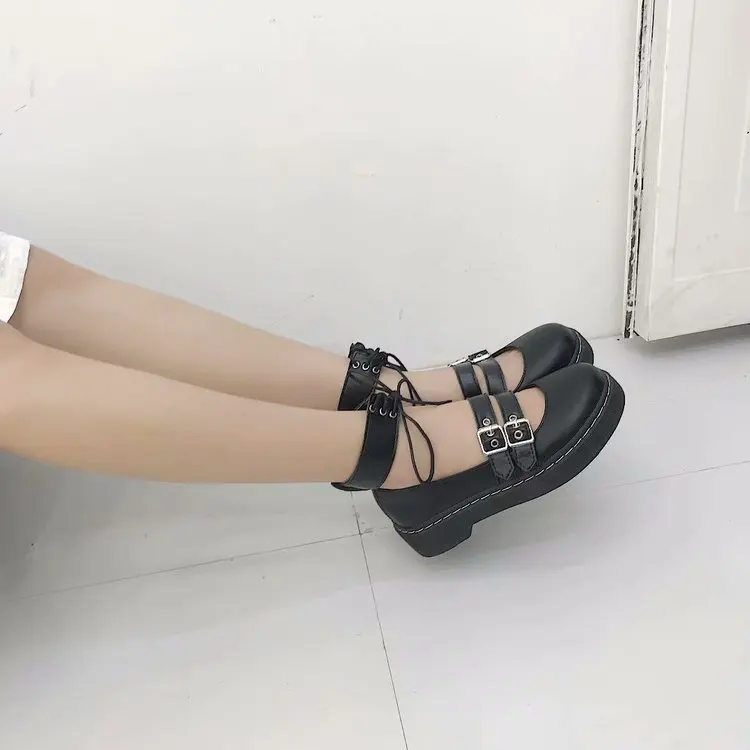

Lolita Shoes Uwabaki JK Round Toe Buckle Straps Lace-up Japanese School Students Uniform Dress Girls Black Cute Low Cut Pump