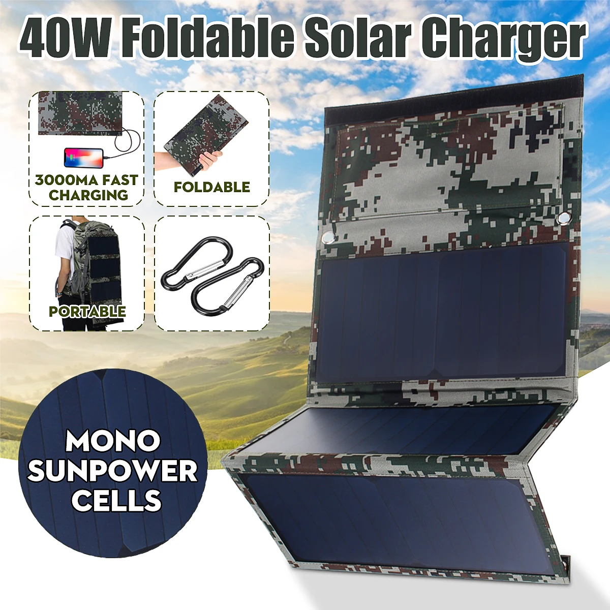 Cena Nowy projekt 40W 5V składany kamuflaż ogniwa słoneczne Sunpower panel słoneczny Bank Pack Dual USB wodoodporna dla plecak Camping piesze wycieczki