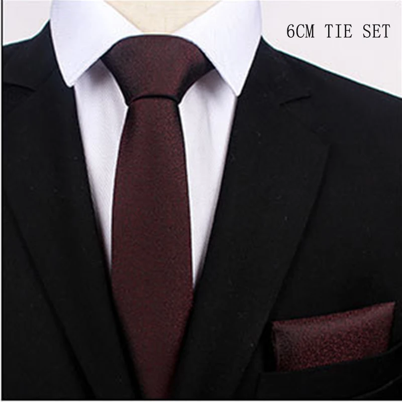 New Scrub 6cm Slim Men's Handkerchief Ties Set Black Wine Solid Polyester Hanky Necktie Suit Business Customer Accessories