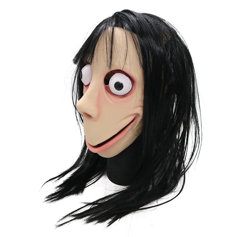 Scary Momo Mask Hacking Game Horror Latex Mask Full Head Momo Mask Big Eye With Long Wigs