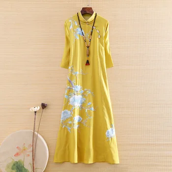 

Hi-end Spring Linen Zen Tea Costume Women Cheongsam Embroidery Loose Elegant Lady Plus Size A-line Party Qiapao Dress S-XXXL