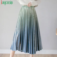 Плиссированная Повседневная Длинная женская юбка с высокой талией, летняя градиентная дышащая пляжная юбка, эластичная лента размера плюс, модная женская юбка