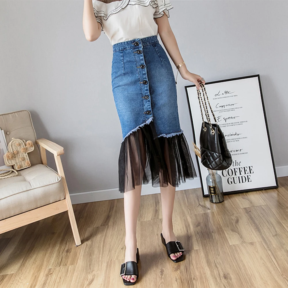 Women Blue Button Casual Denim Skirt 2019 Summer New Bodycon Women Skirt Mesh Patchwork Basic Jeans Skirt High Waist Skirt