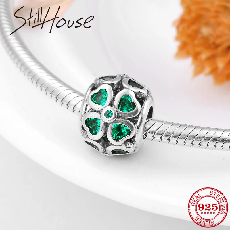 Lucky flower подлинный 925 пробы Серебряная круглой формы Зеленый Кристалл CZ Бусины