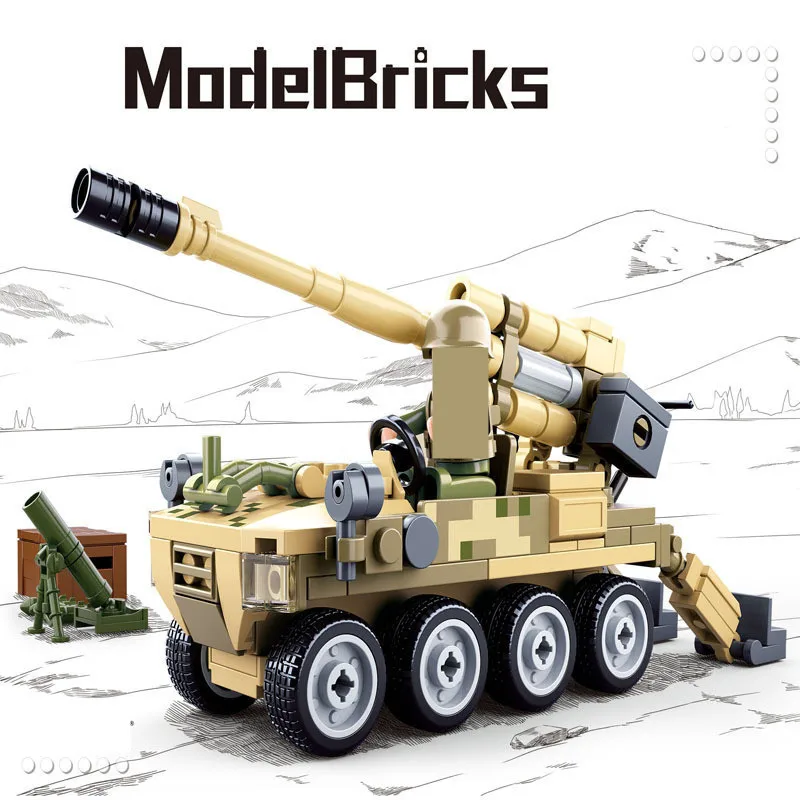 

159Pcs ARMY 120 Wheeled Self-Propelled Artillery Model Bricks DIY Creator Building Blocks Sets Kit Educational Toys for Children