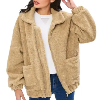 

2019 Women Autumn Casual Faux Fur Coat Warm Soft Zipper Fur Jacket Female Plush Overcoat With Pocket Outerwear