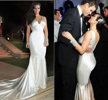 

Kim Kardashian V Neck Mermaid Wedding Dresses Simple Style Long Train Open Back V-neck Cheap Sleeveless Bridal Gowns
