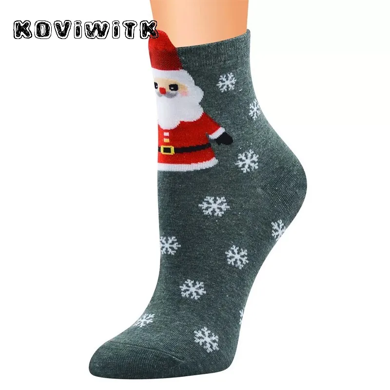 Зимние женские хлопковые рождественские красные носки с мультяшным рисунком