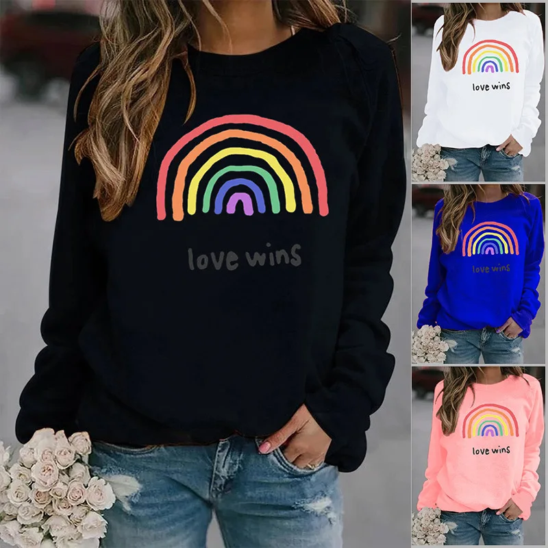Love Wins Rainbow Printed Hoodies Women Fleece Long Sleeve O Neck Loose Sweatshirt Girls Women Hoodie Pullovers   Winter