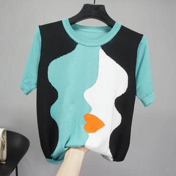 

Thin Ice silk knitted sweater women o-neck character patchwork Pullover short sleeve korean modis tops 2020 summer new arrival