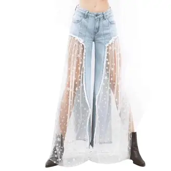 

Women's casual personality pentagonal mesh stitching wide-legged pants and jeans