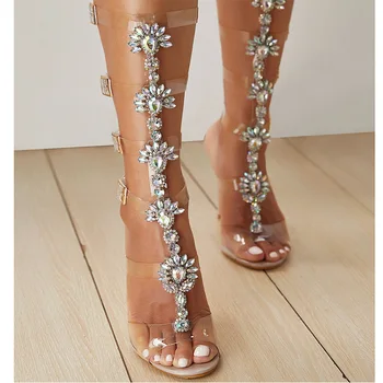 

35-42 Gladiator Sandals Crystal Chaussure feminino 2020 Colored rhinestone transparent PVC high heel Buckle Strap sandals