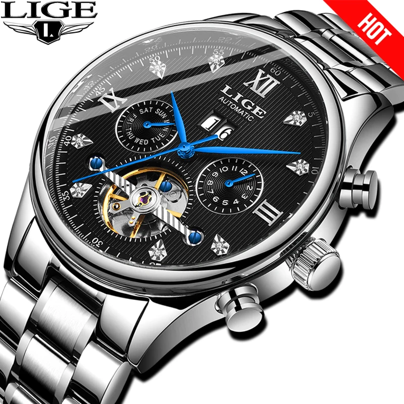 Baratos Reloj mecánico automático de LIGE para hombre, reloj para hombre, reloj de Tourbillon militar resistente al agua, de lujo, para hombre