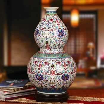 

CLASSICAL JINGDEZHEN VASE FLOOR LARGE COLORED ENAMEL CALABASH PORCELAIN VASE DECORATES SITTING ROOM FURNISHING ART