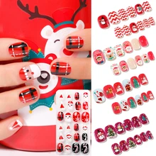 

24PCS/Set Christmas False Nail Tips Children Cartoon Santa Elk Snowman Press On Full Cover Kid Glue On Fake Nails Art Manicure