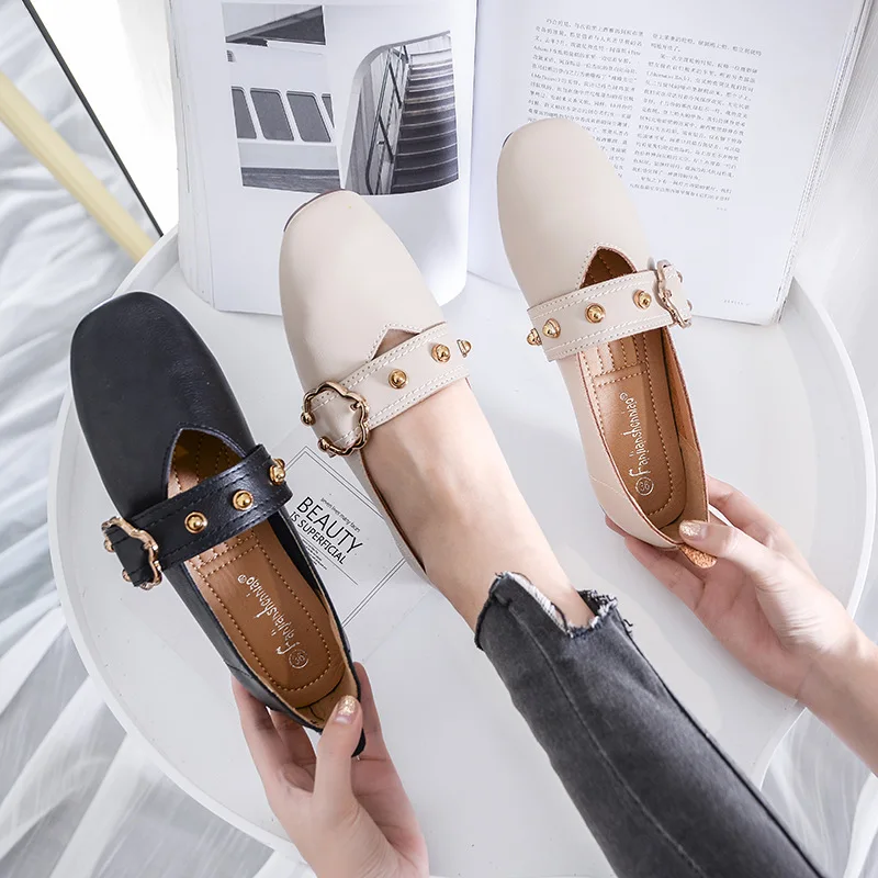 

2019 New Style Work Shoes Pregnant Women WOMEN'S Flat Shoes Grandma Shoes Square Head Straight-line Buckle Fashion Shallow Mouth