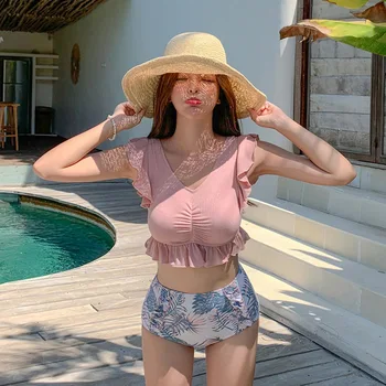 

Women's Swimsuit Swimwear Swimming Suit Swimsuits Woman Women Tankini New Long Sleeve Neck Tight Sexy Female Korean Leaf High