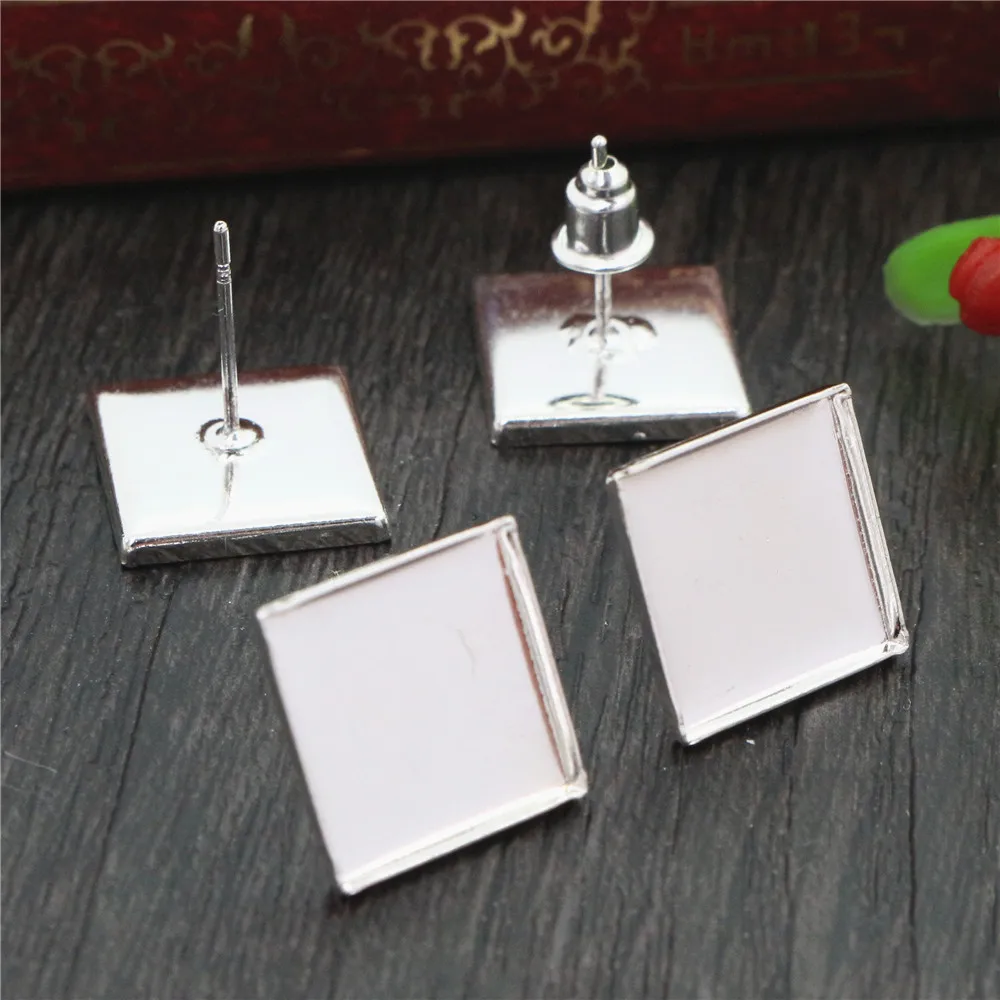 12mm 20pcs Silver Plated Square Earring Studs Earrings Blank/Base Fit Glass Cabochons ButtonsEarring Bezels (L4-10) | Украшения и