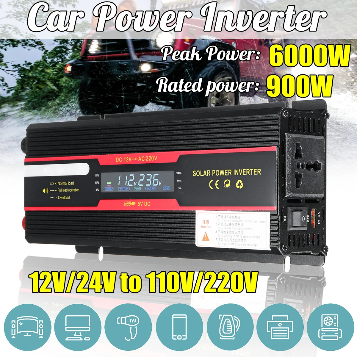 900 Вт автомобильный инвертор 12V 220V солнечный Мощность ЖК дисплей Дисплей DC 12V/24V к