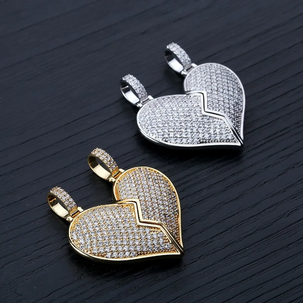 

Iced Out Chain 18K Gold Plated Fully Zirconia Simulated Diamond Broken Heart Detachable Hip Hop Pendent Necklace for Men Women