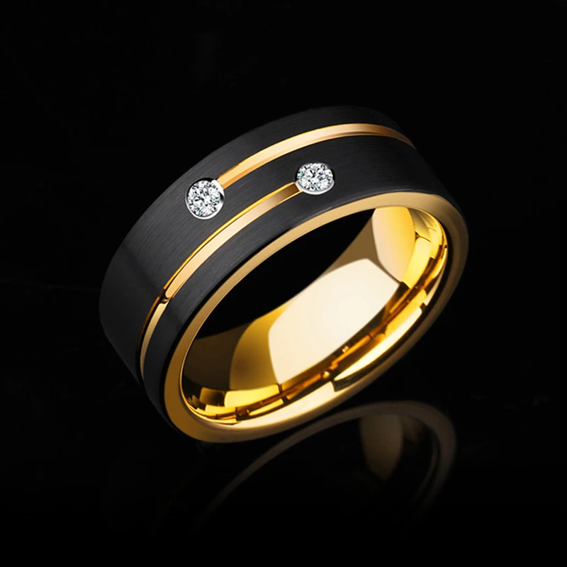 8mm Stainless Steel Gold Color Ring Crystal Wedding Band for Men's Engagement Party Jewelry Gift wedding rings