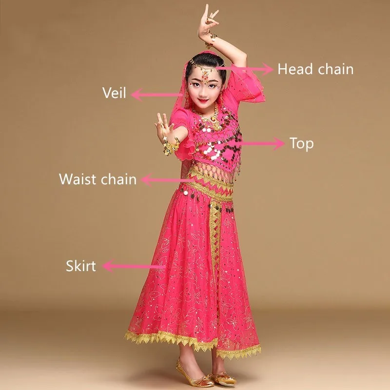 Дети Болливуд набор костюма для танца живота девушка танец живота Восточный танец Индия сари Дети шифон сценический костюм - Цвет: Rose 5pcs