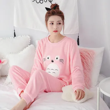 

Women Pajamas 2020 Winter Pajamas Set Flannel Cartoon Cute Female Sleepwear 2 Pieces Thickening Warm Home Clothes Pyjamas Suit
