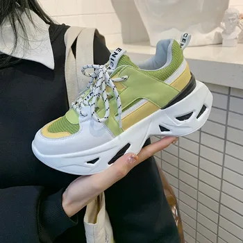 

Vulcanize Female mixed colors fashion trainers women sneakers lace-up Microfiber breathable Sponge sole wedges shoes for women