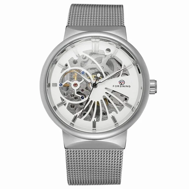 FORSINING, мужские часы, полностью из нержавеющей стали, прозрачные автоматические механические часы, скелет, стимпанк, мужские часы, Relogio Masculino - Цвет: silver white