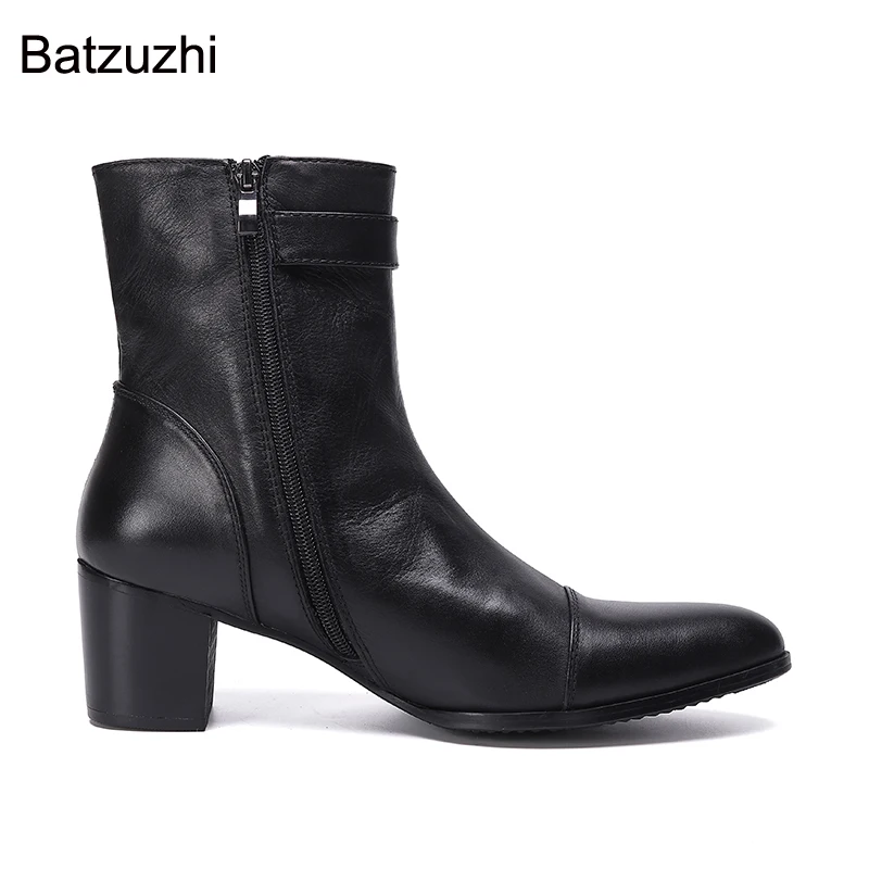 Batzuzhi 2021 Men Boots Pointed Toe Black Genuine Leather Ankle Boots Men Zip 7CM High Heels Handsome Botas Hombre Party/Wedding