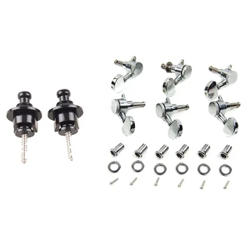 

SEWS-1 Pair of Guitar Strap Locks, Black & 1 Set Silver Chrome Locking Guitar Tuners Pegs Tuning Machine Heads 3R3L Guitar