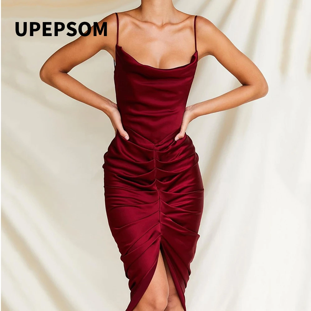 Женское платье без рукавов UPEPSOM однотонное Красное Облегающее плиссированное на