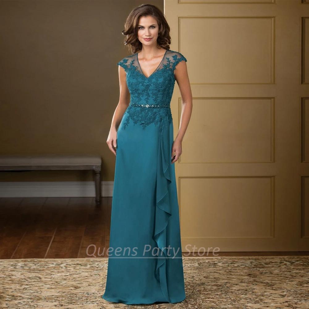 Turquoise Mother Of The Bride Dresses mother bride dresses Elegant V Neck Chiffon Plus Size Lace Wedding Evening Gowns