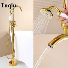 Современная отдельно стоящая Ванна ванный кран наполнитель Мода золото латунь напольное крепление с ручной душ смесители для ванной