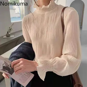 

Nomikuma Half Turtleneck Chiffon Bottom Blouse Korean Pleated Spring Plus Size Shirt 2020 Office Lady Basic Ruffle Blusas 3Z117