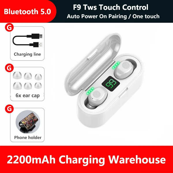 F9, TWS, Bluetooth наушники, светодиодный, беспроводные наушники с микрофоном, Bluetooth наушники, стерео звук, музыка, мини наушники, Bluetooth наушники - Цвет: Белый