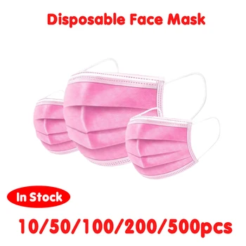 

10/50/100pcs Disposable Face Mask 3 Layer Filter Anti Dust Smog Breathable Gauze Mask With Elastic Earloop Pink Face Mouth Mask