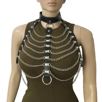 

Fashion Sexy Women Faux Leather Body Harness Metal Drape Chain Bra Crop Top Tank Vest Night Club Punk Gothic Fetish Costume