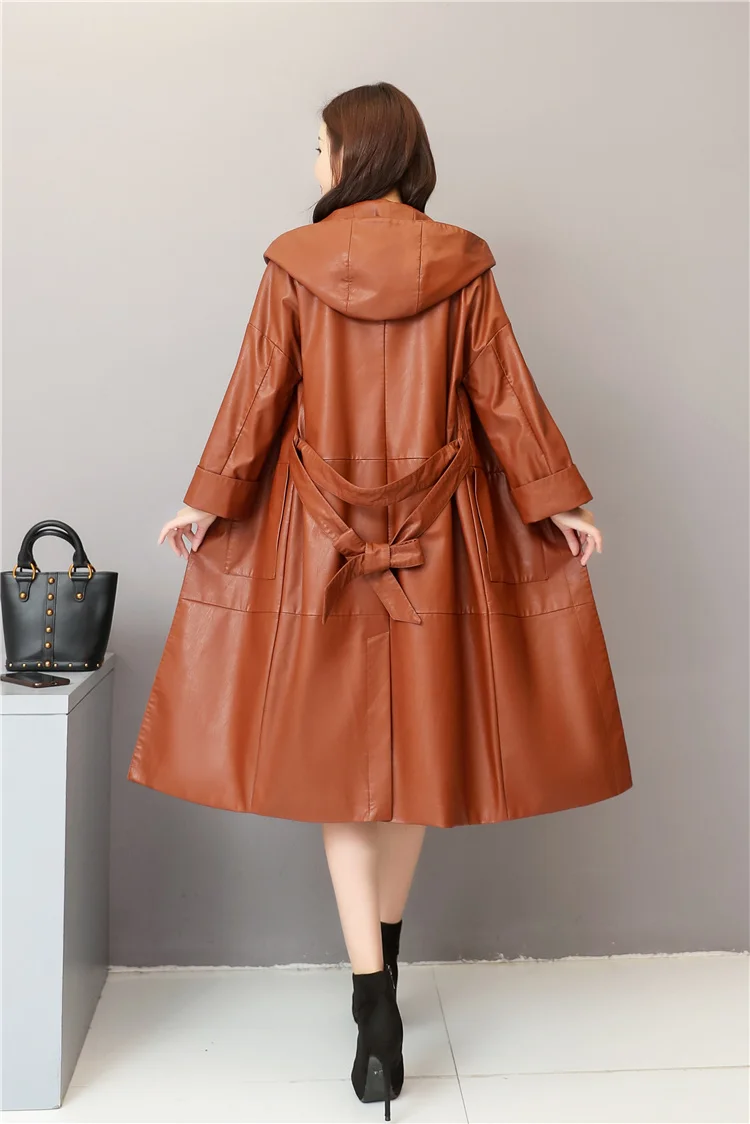 Элегантная женская куртка из искусственной кожи зима осень пояс размера плюс 4XL длинные мягкие кожаные пальто с капюшоном Женское пальто верхняя одежда