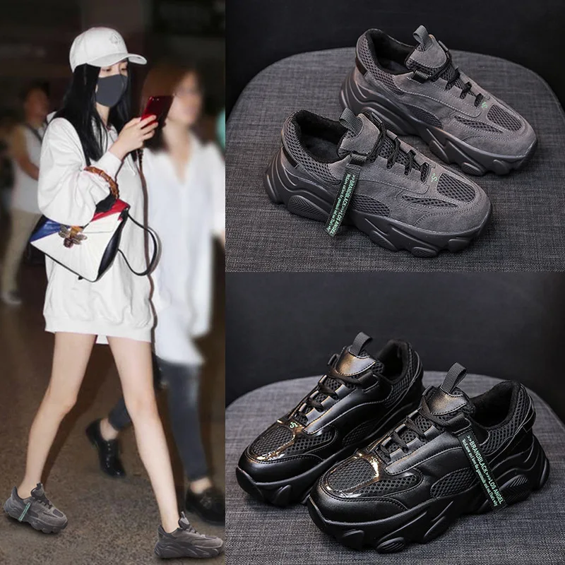 

New Style Platform Shoes Women's INS Fashion 2019 Autumn Black And White with Pattern Dad Extra High Casual Shoes Online Celebri