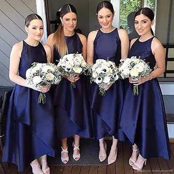 

vestido de festa longo Sleeveless High Low Crew Simple Maid Of Honor Formal party Prom gown 2018 Navy Blue Bridesmaid Dresses