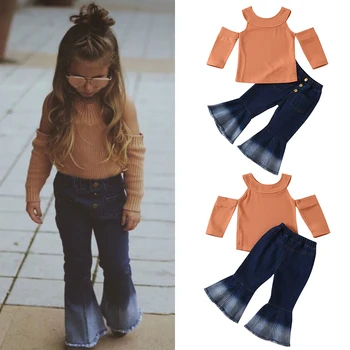 

2Piece Autumn Fashion Girls Clothes Set Off Shoulder Tops+Flared Jeans Girls Streetwear Children's Clothing For 2-6 Years D30