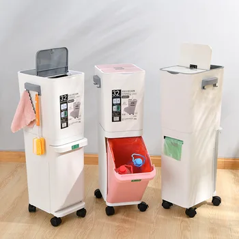 

Kitchen Trash Can Recycle Sorting Rubbish Trash Bin Garbage Bag Holder Household Dry And Wet Separation PP Waste Bin with wheel
