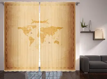 

World Map Curtains Rustic Antique Vintage Explorer Routes Compass Grungy Display Living Room Bedroom Window Drapes Pale Coffee