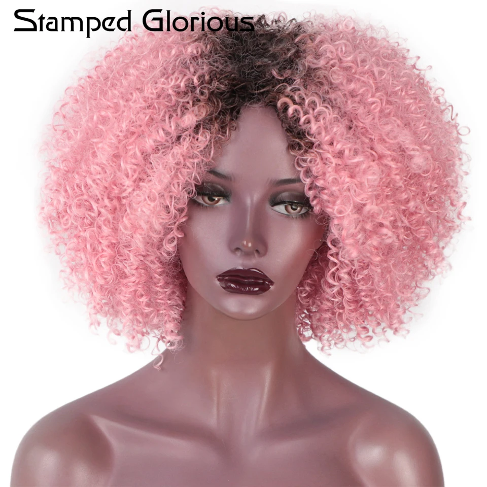 

Stamped Glorious Ombre Afro Pink Kinky Curly Short Length Wigs for Women 12inchs Synthetic Wigs African Hairstyle