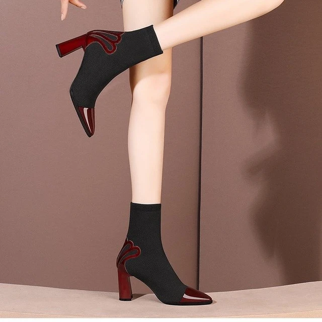 Heel Appliques Black Brown Ankle High Heel Party Boots Women Winter 2019 Pointed Toe Thick Heel Sock Boots Elegant Booties