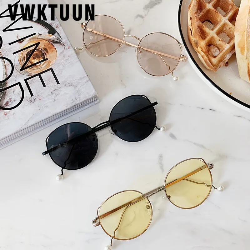 

VWKTUUN Round Sunglasses Women Cat Eye Hollow Sunglasses Pearl Frame Glasses UV400 Points Clear Ocean Lens Sunglass Oversized