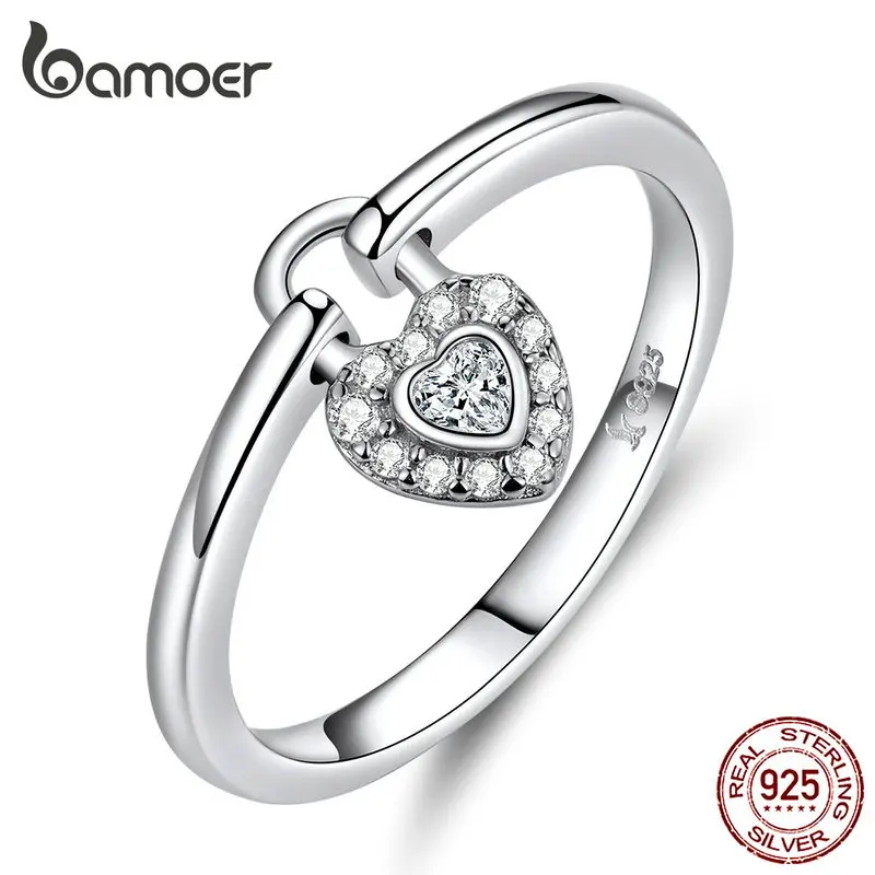 

bamoer Lock of Heart Finger Rings for Women Wedding Statement Silver 925 Jewelry Promise Ring Gifts Accessories Female SCR589